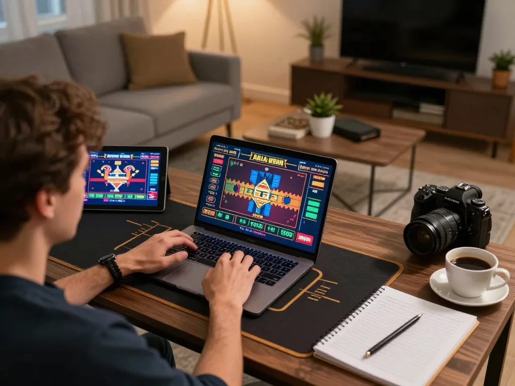 Engaging in online casino gaming strategy with link alternatif ggdewa777, showcasing a modern home setup