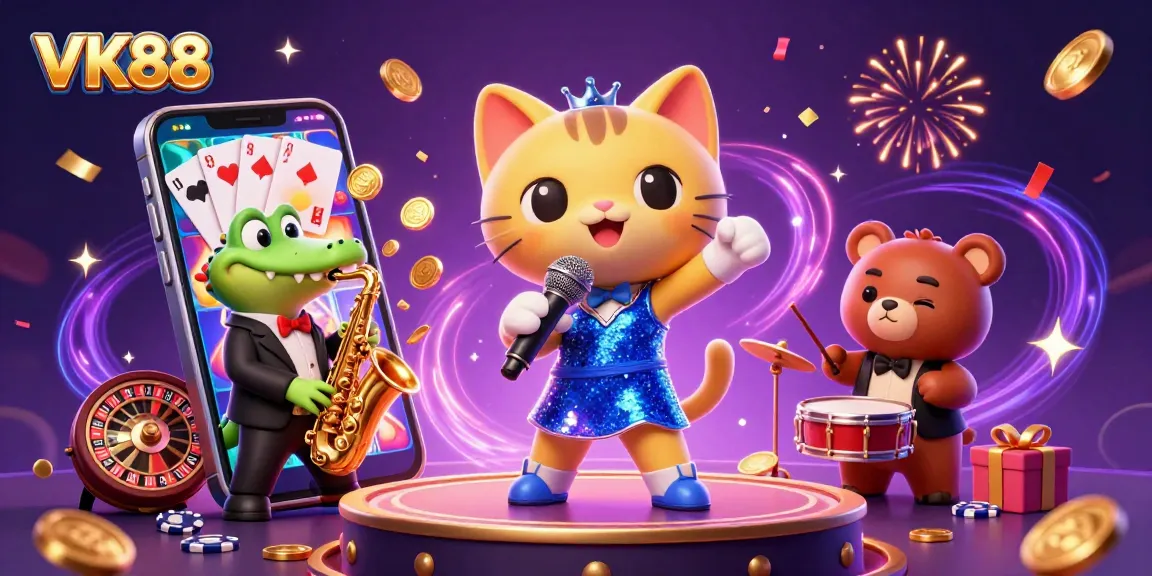 Enjoy thrilling slots with VK88’s vibrant casino scene featuring engaging characters and exciting gaming elements.