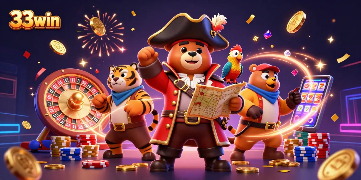 Engage with 33win's thrilling online casino adventure featuring a pirate captain bear and his crew.