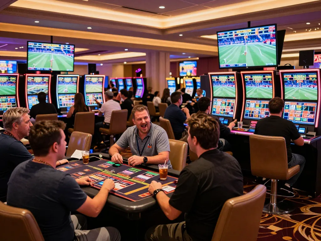 Engaged bettors making pragmatic decisions in a lively Las Vegas sports betting area