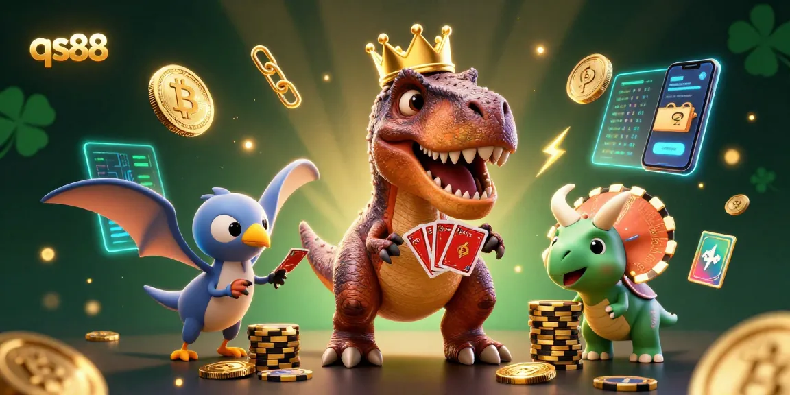 Experience thrilling gaming adventures with qs88 at a vibrant casino scene featuring friendly dinosaur characters.