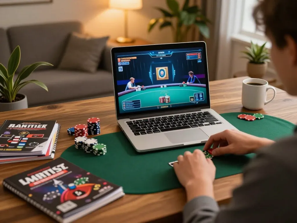 Player analyzing strategies for online poker at uu88ae with a cozy home setup.
