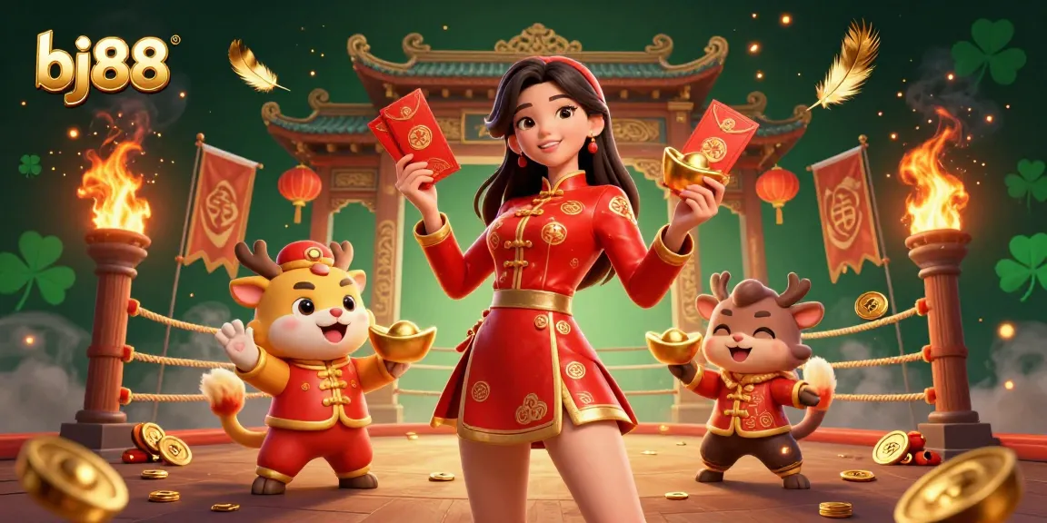 Experience the vibrant year of the bj88 zodiac with this immersive 3D casino scene featuring dynamic characters and elements.