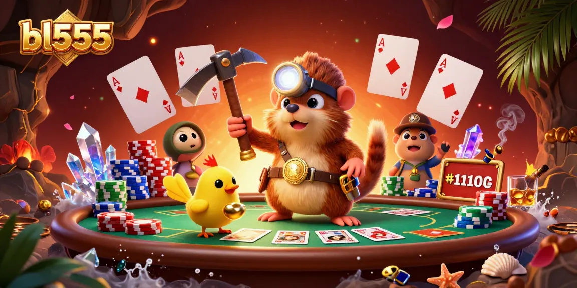 Win big with bl555 at an exciting poker scene featuring a treasure hunter mole in a glowing cave.