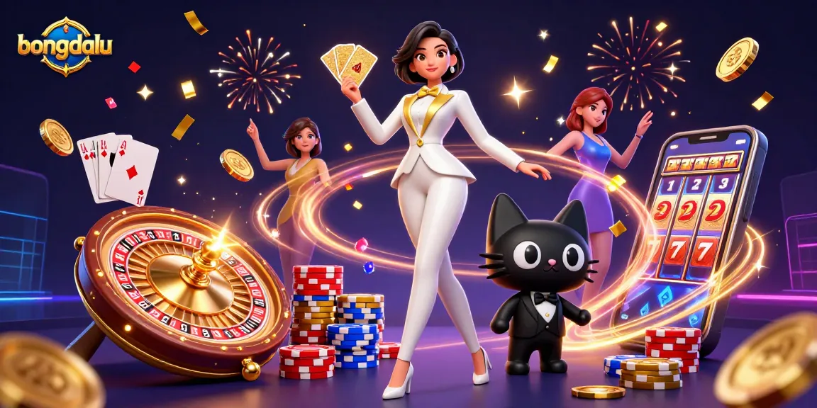 Bongdalu showcases a glamorous woman shuffling cards amidst vibrant casino action and excitement.