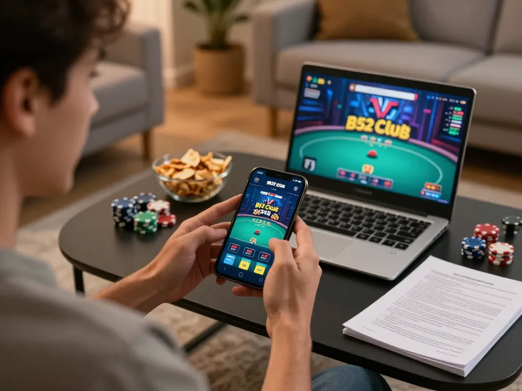 Engaging user playing the B52 Club app, highlighting features for tải b52 club in a cozy home setting.