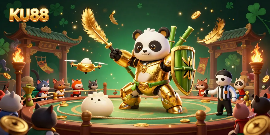 Experience the thrill of KU88 in a vibrant 3D gambling arena with dynamic characters and elements.