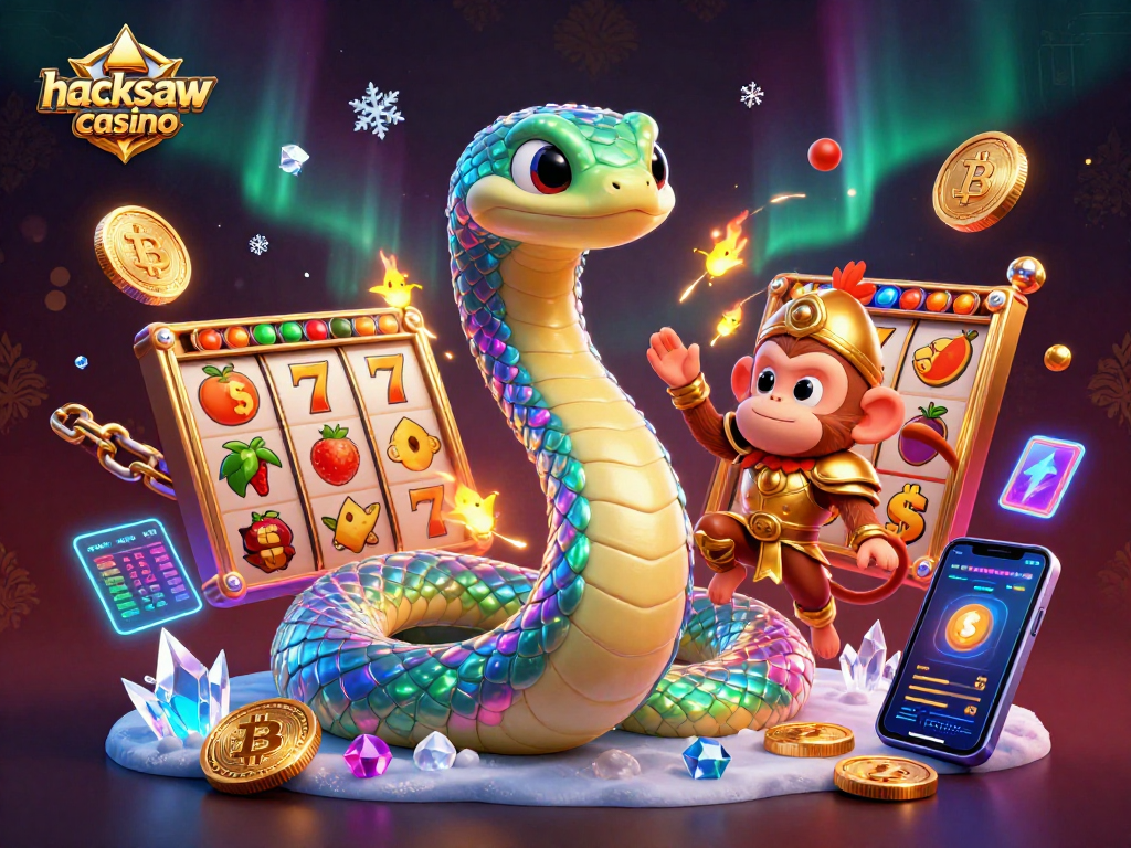 Join the fun at hacksaw casino with a vibrant 3D illustration of a rainbow serpent and monkey king in a dynamic slot experience.