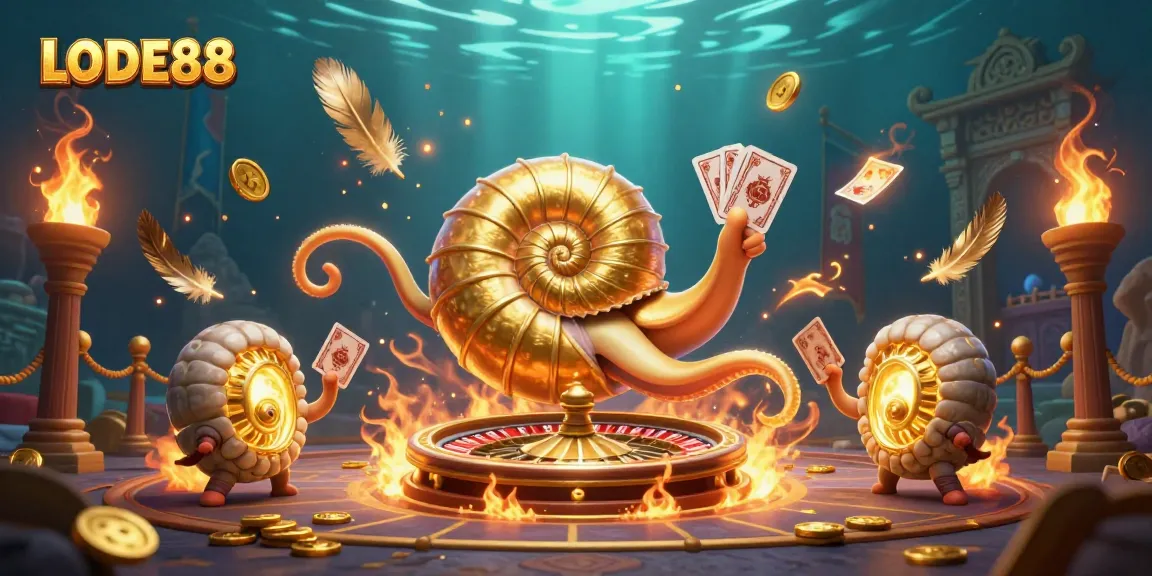 Engage with LODE88's thrilling casino adventure featuring a giant nautilus roulette wheel amidst dynamic gaming elements.