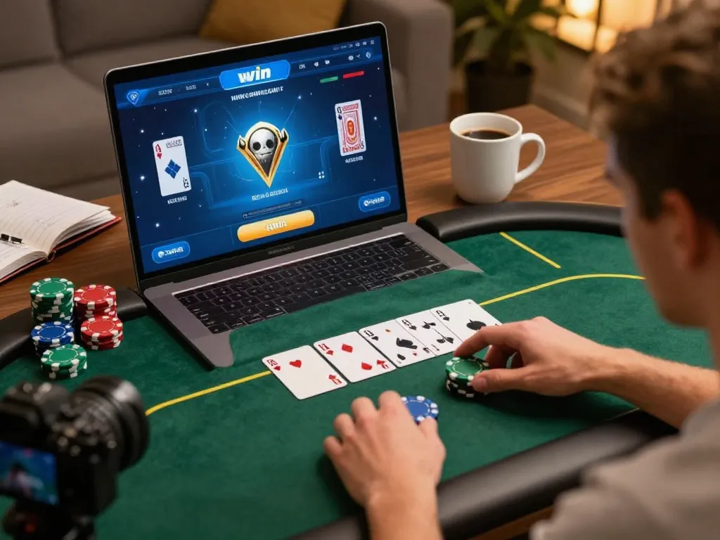 Iwin online poker game setup with player holding chips, engaging with vibrant digital interface.