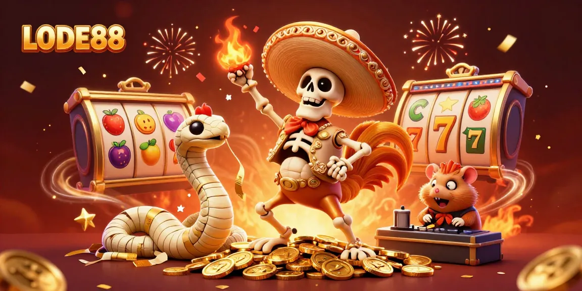 Celebrate wins with LODE88 as a mariachi rooster, mummy snake, and DJ hamster spin slot reels!