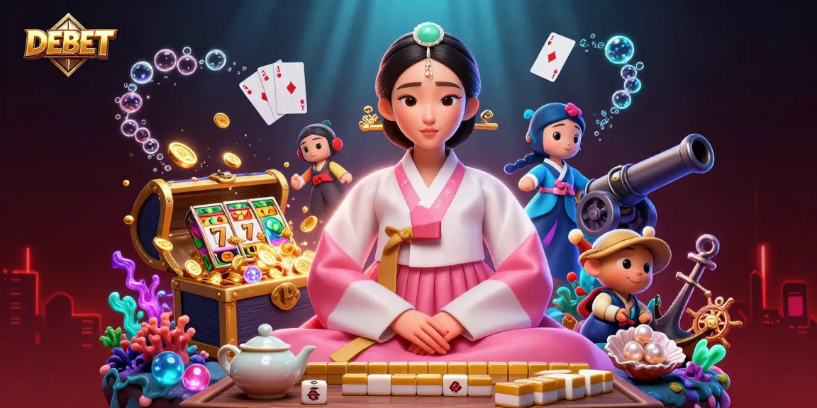 Engage with DEBET to explore exciting slots and stunning gaming elements in this vibrant illustration.