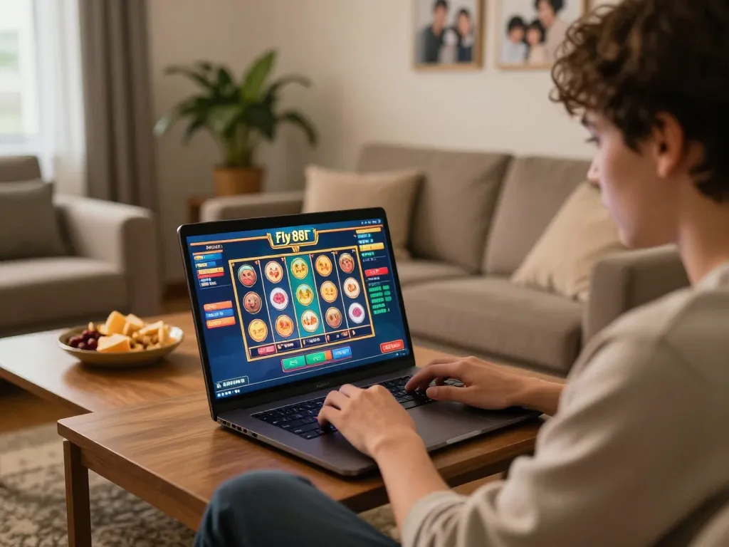 Engaging fly 88 online gaming experience in a cozy home setting with colorful slots on screen.