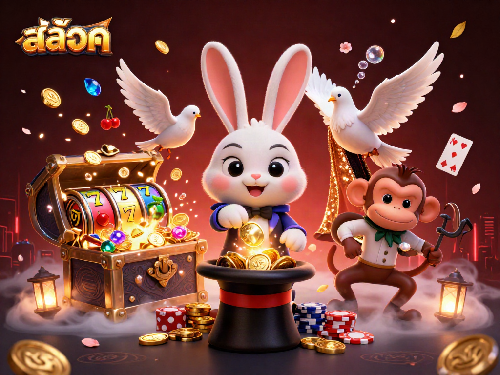 Experience สล็อต excitement with a magician rabbit conjuring coins, slot reels, and playful characters in a vibrant scene.