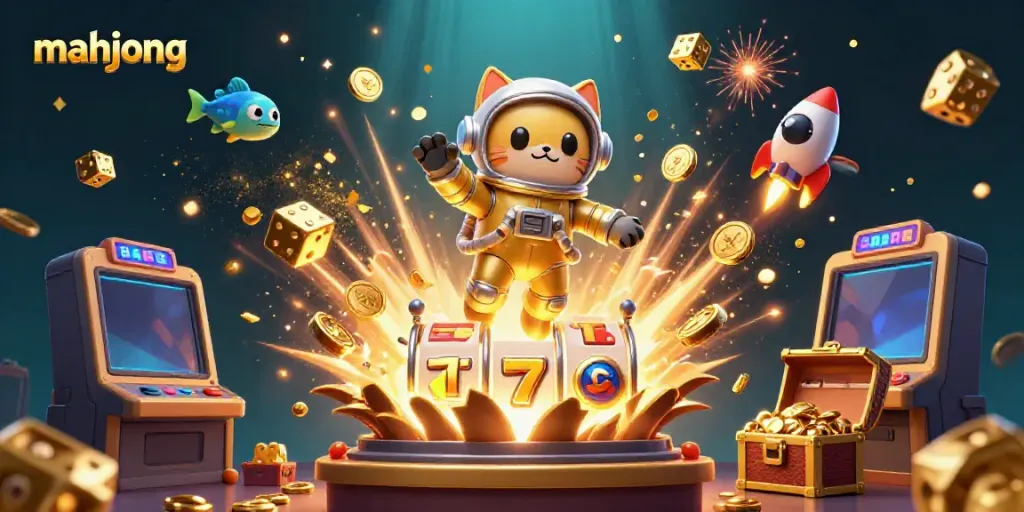 Permainan mahjong yang menampilkan slot mesin 3D dengan koin jackpot meledak dalam suasana penuh warna.