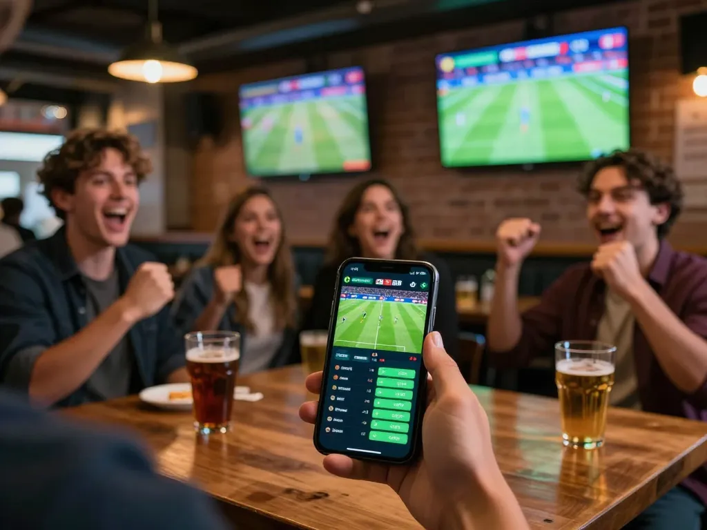 A person engages in sports betting using a smartphone app at a lively sports bar, highlighting the excitement of trang cá cược bóng đá.
