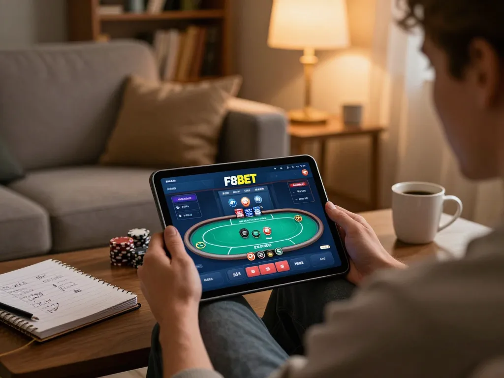 Engaging with F8BET on a tablet in a cozy home setting while tracking poker strategies