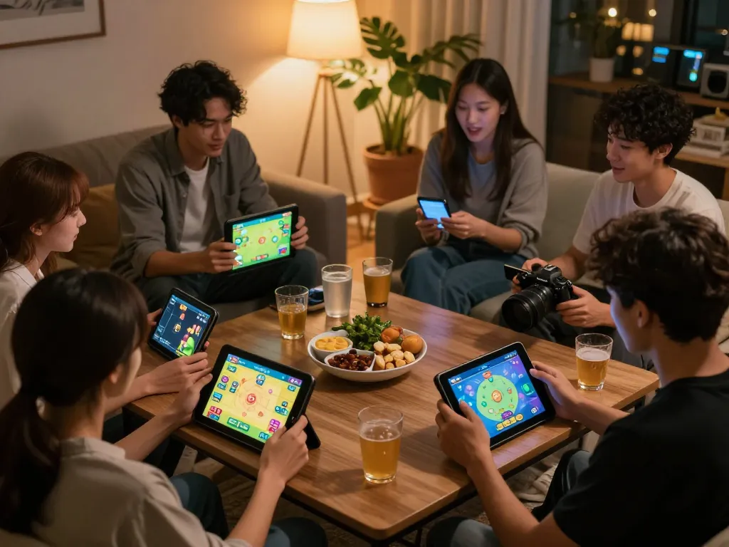KADAL778 engaging gamers enjoying interactive gameplay on tablets in a cozy home atmosphere