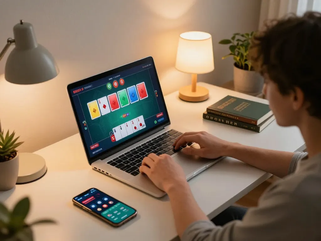 Engaging in online poker at home with Pokerseri platform, featuring dynamic game interface and personal strategy notes.