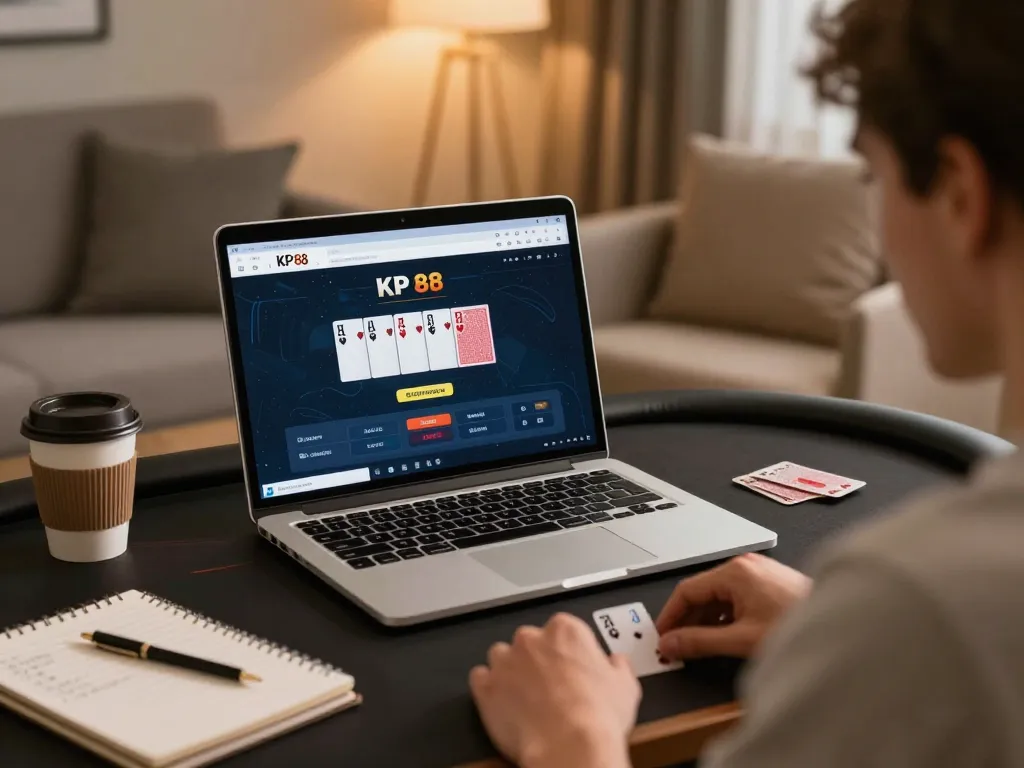 Player engaging with KP 88 online poker interface, showcasing strategic gameplay at home.