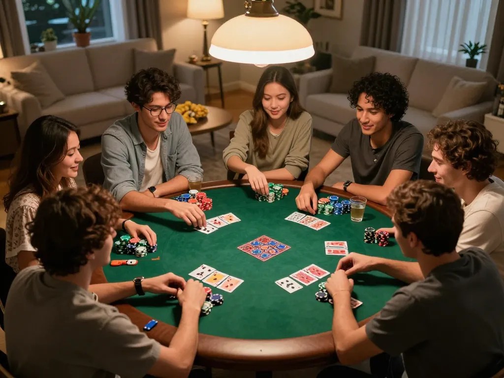 Exciting poker night scene showcasing friends enjoying a Pragmatic Slot gaming experience at home, cards and chips in play.