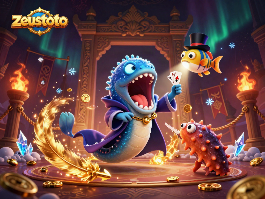 Engage with zeustoto in a vibrant casino-themed digital illustration featuring magical sea creatures.