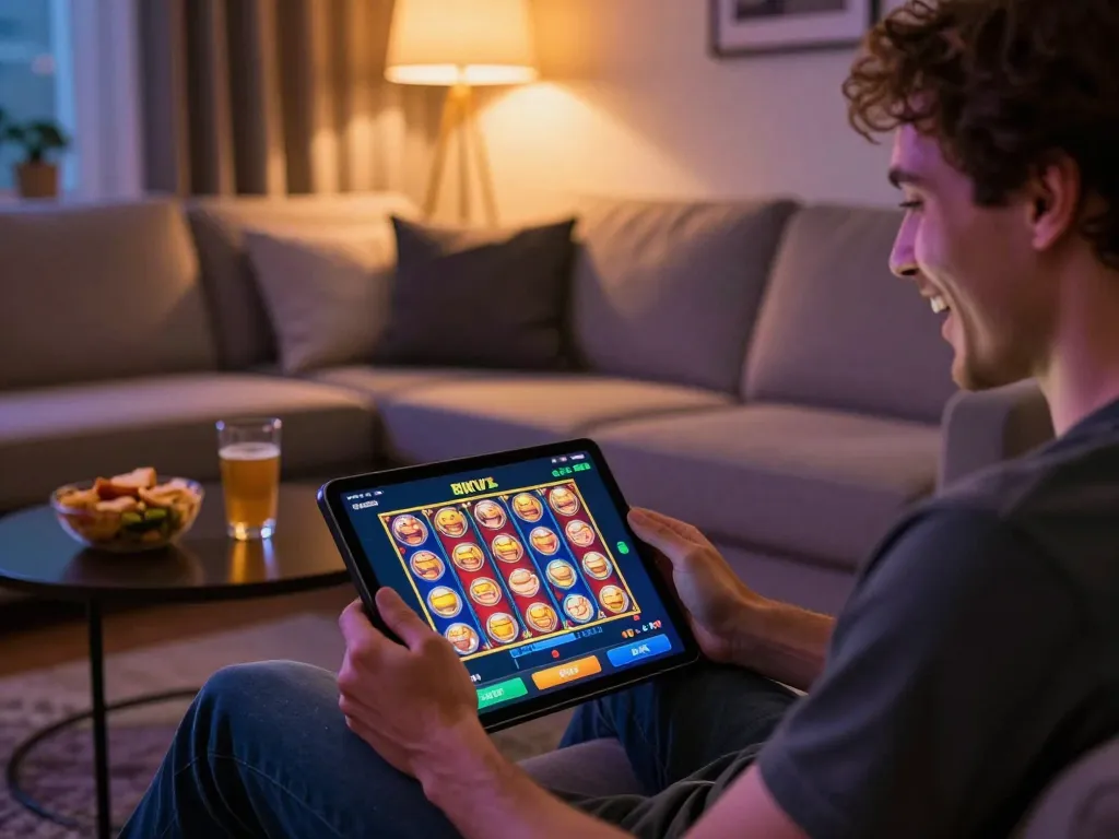 Player enjoying RIKVIP slots on a tablet in a cozy home atmosphere