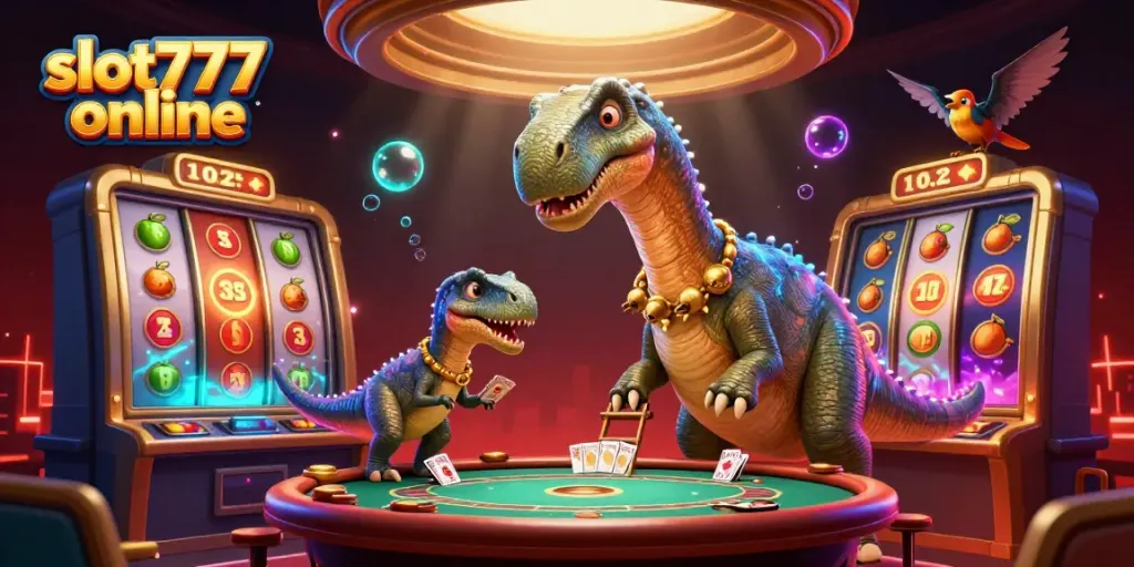 Menangkan jackpot di slot777 online dengan ilustrasi kasino yang penuh warna dan energi.
