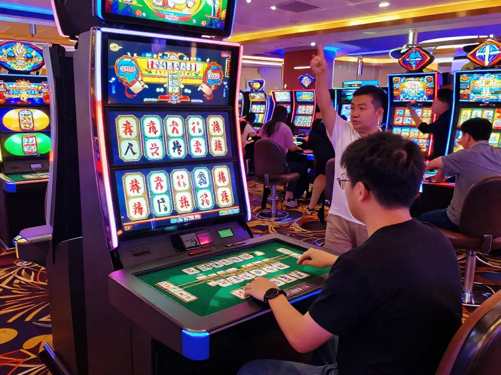 Mesin slot Mahjong yang berwarna-warni dengan pemain terlibat dalam permainan, menampilkan suasana kasino yang energik.