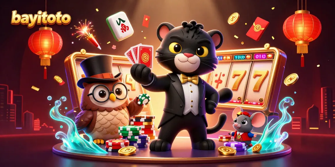 bayitoto casino scene with a panther dealer, lucky mouse, and owl amidst vibrant gambling elements.