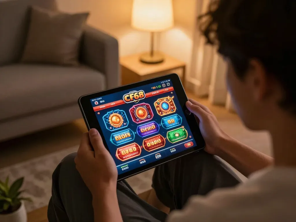 Player engaging with the cf68 casino app on a tablet in a cozy living room, showcasing modern online gambling.