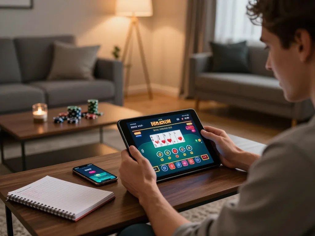 The player engages with hitclub app on tablet while strategizing their poker game.