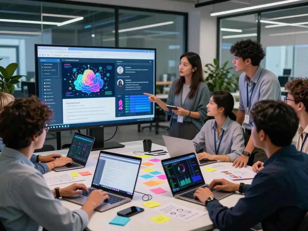 Innovative team collaborating with juicy ai technology in a modern workspace