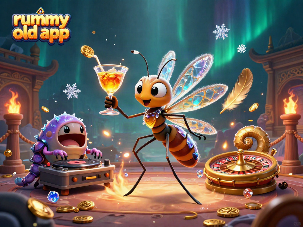 Experience the rummy old app with a lively 3D illustration of characters engaging in a vibrant casino setting.