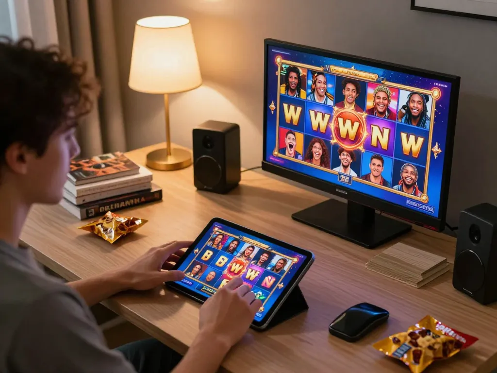 Pemain merayakan kemenangan dalam sesi permainan yang mendebarkan di platform slot toto, menampilkan grafis slot yang cerah.