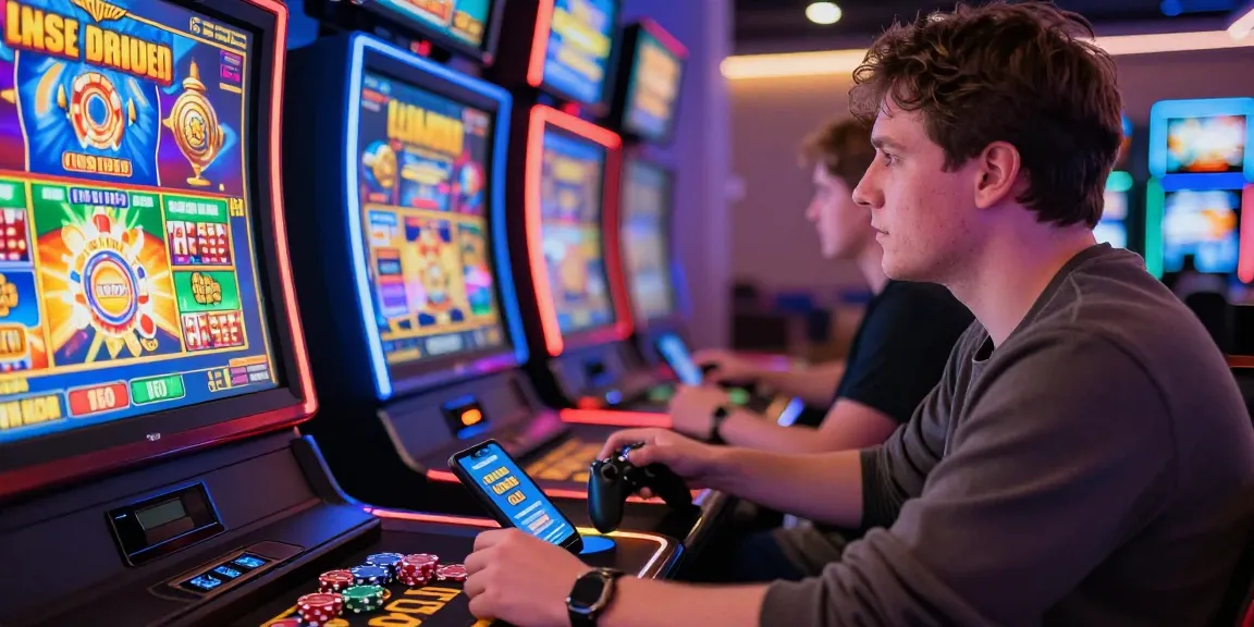 Engaged player at vibrant new online slot sites, showcasing excitement in a dynamic casino environment.