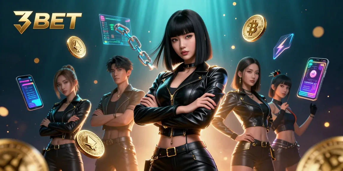 Engage with the thrilling world of 3BET as Bitcoin coins and crypto designs surround a powerful woman.