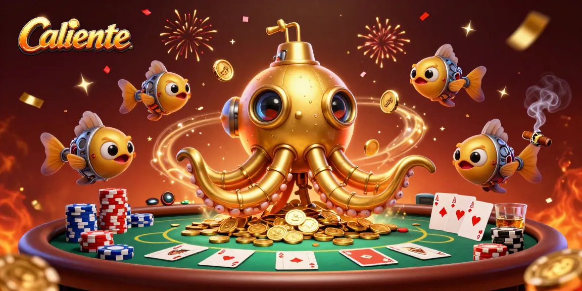 Caliente features a vibrant 3D scene with a golden kraken submarine amidst poker elements and golden coins.