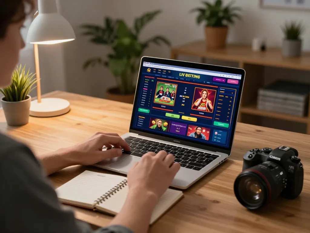 RR88 gaming setup featuring an individual placing bets on an online casino platform, highlighting a vibrant interface.
