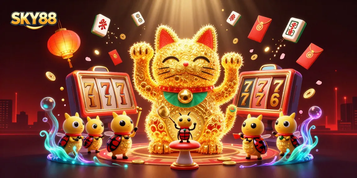 Engage in exciting gameplay at SKY88 with a vibrant and dynamic lucky cat-themed casino illustration.