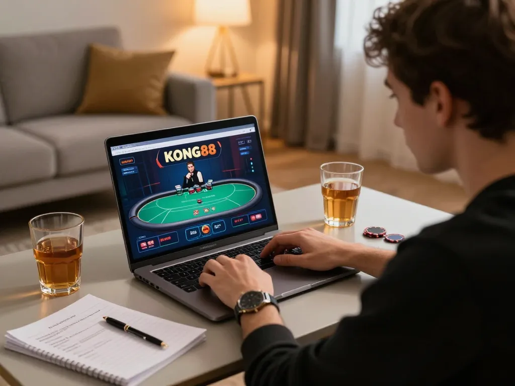 KONG88 player strategizing during an online poker game in a cozy home setup.