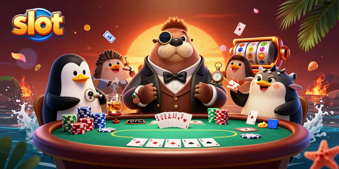 Bermain slot dengan walrus ceria di meja poker di bawah air, dengan dealer penguin dan pemain ikan buntal.