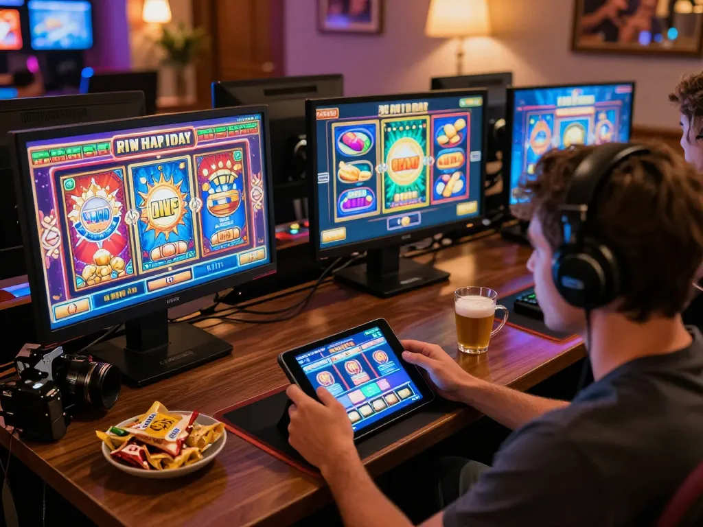 Player engaging with slot games on tablet while enjoying a cozy setup, dreidelsandmore showcased in vibrant online casino scene