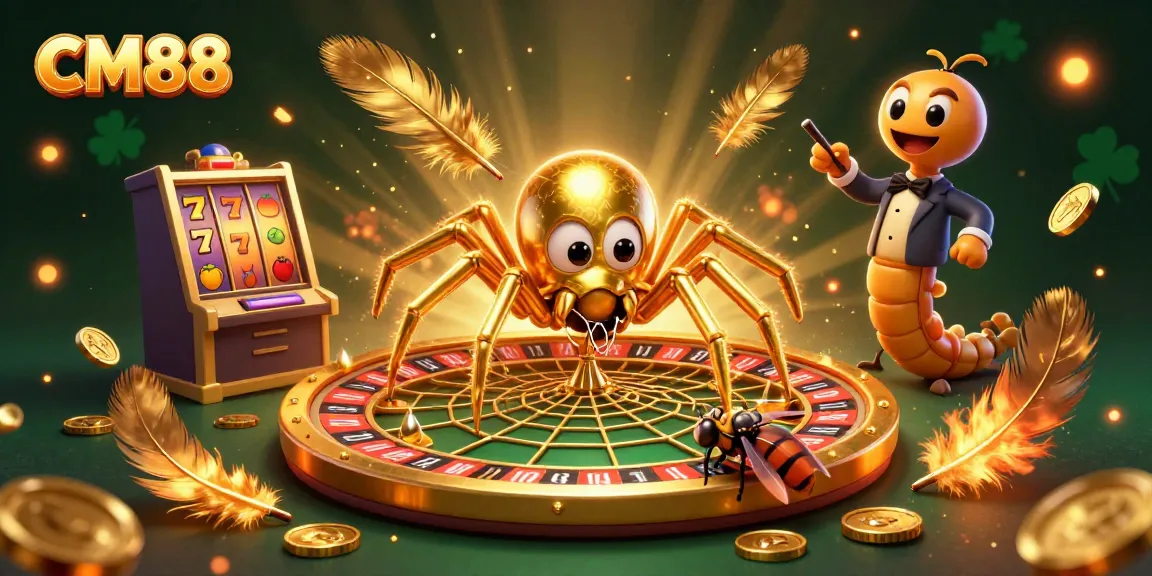 CM88 showcases a golden spider spinning a roulette wheel web as bettors engage in gambling excitement.
