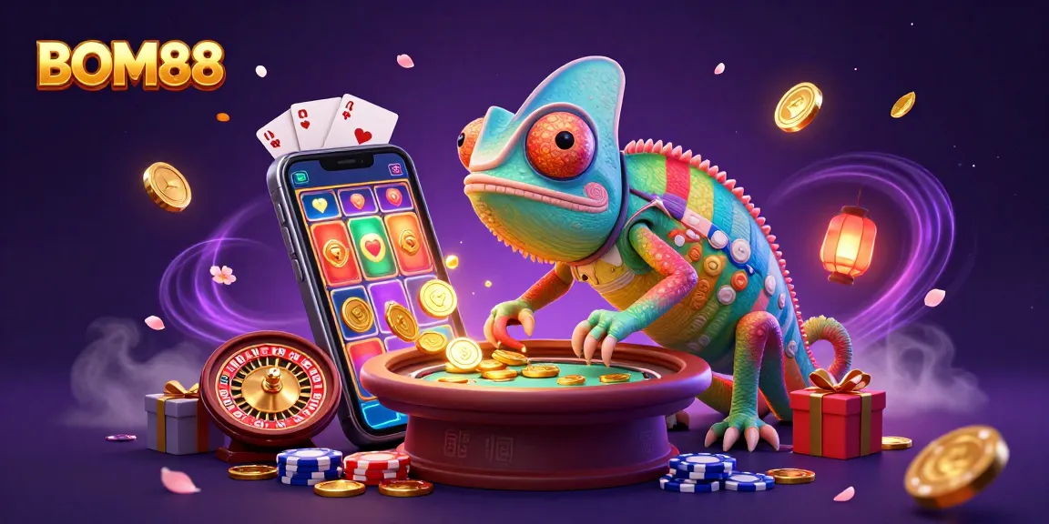 BOM88 brings excitement as a vibrant chameleon casino owner captures golden coins amidst a lively gaming scene.