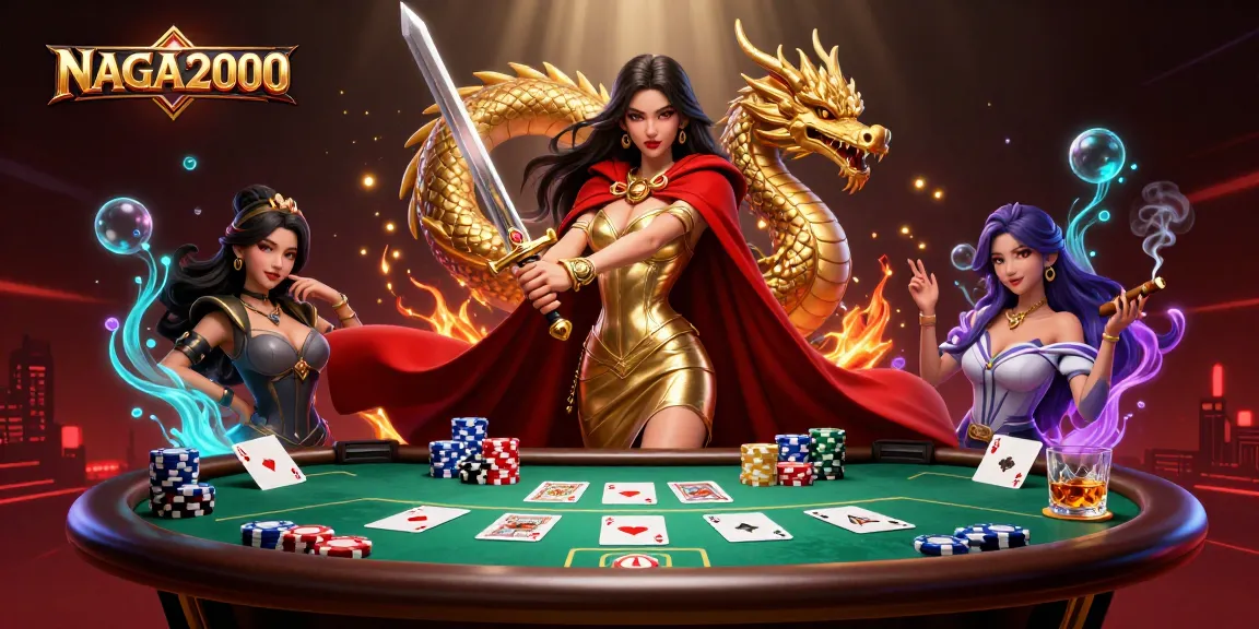 Berinteraksi dengan suasana permainan NAGA2000 yang penuh warna dengan elemen poker dinamis dan ratu pejuang.