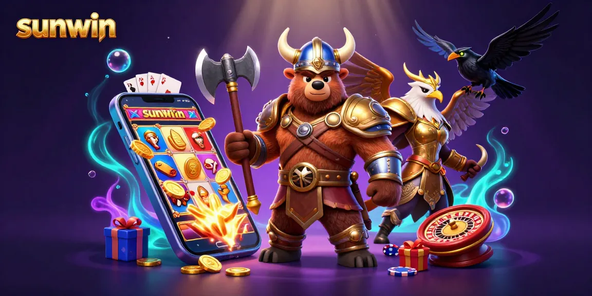 Engage with sunwin's vibrant casino scene featuring a Viking bear and Valkyrie eagle enjoying thrilling slot games.
