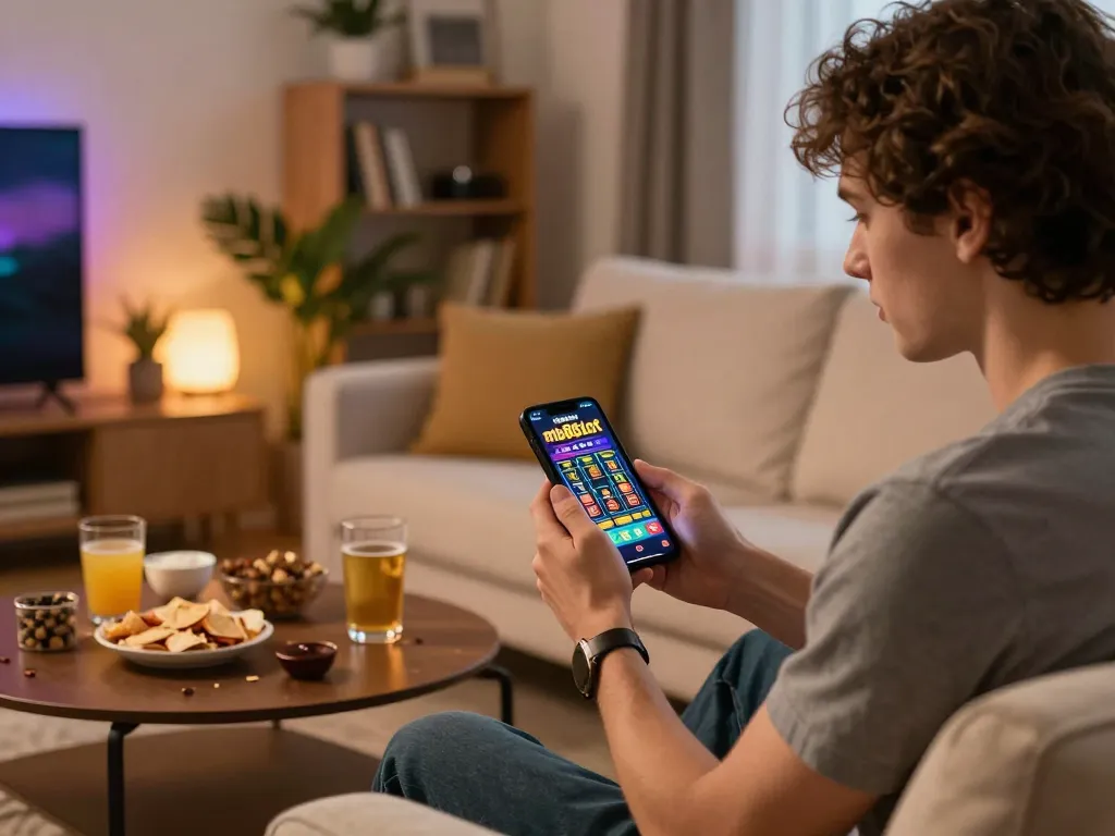 Engaging moment on mb88slot smartphone app during an online casino gaming night