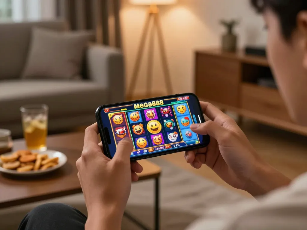 Enjoying Mega888 APK on a smartphone while relaxing in a cozy living room.