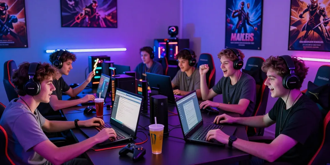 Friends enjoying online gaming at https://gamebaidoithuong.is/ with laptops, headsets, and vibrant lighting, capturing excitement.